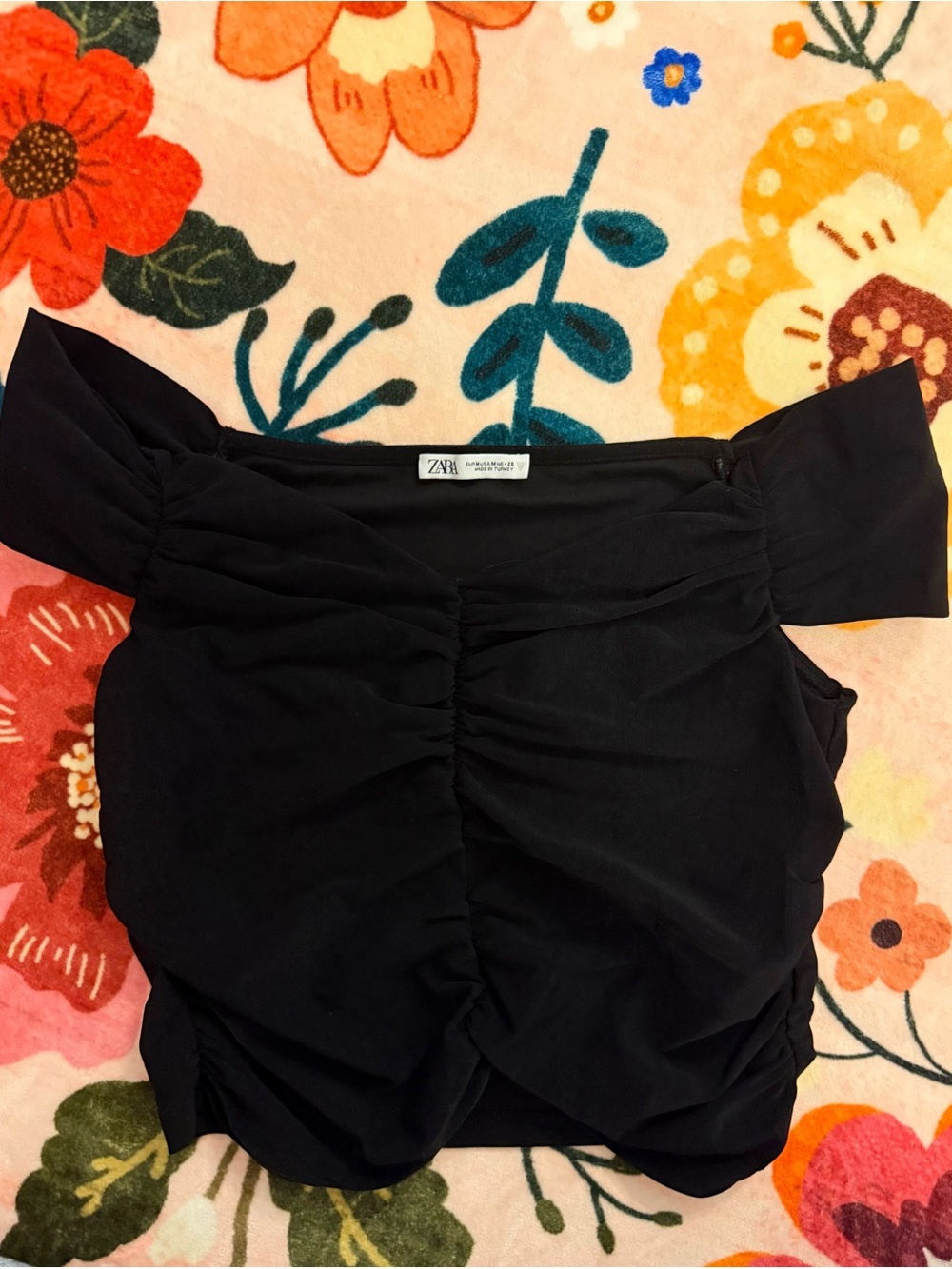 Zara Black Off-the-Shoulder Ruched Crop Top